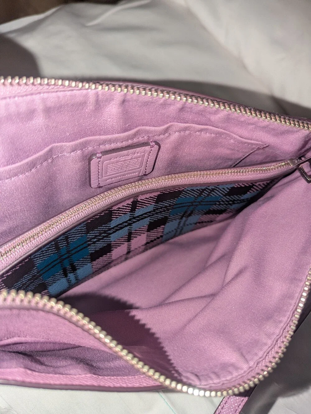 Coach East West Leather Crossbody with Lilic & Blue Plaid Pouch F 22252